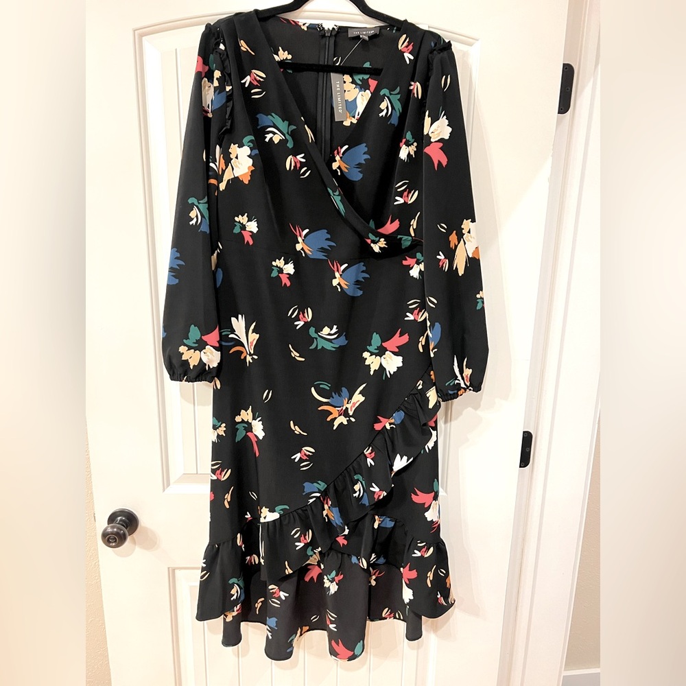 The Limited- Black, Floral Ruffle Midi Dress w/ Zip Close  - Size 10 ladies NEW!